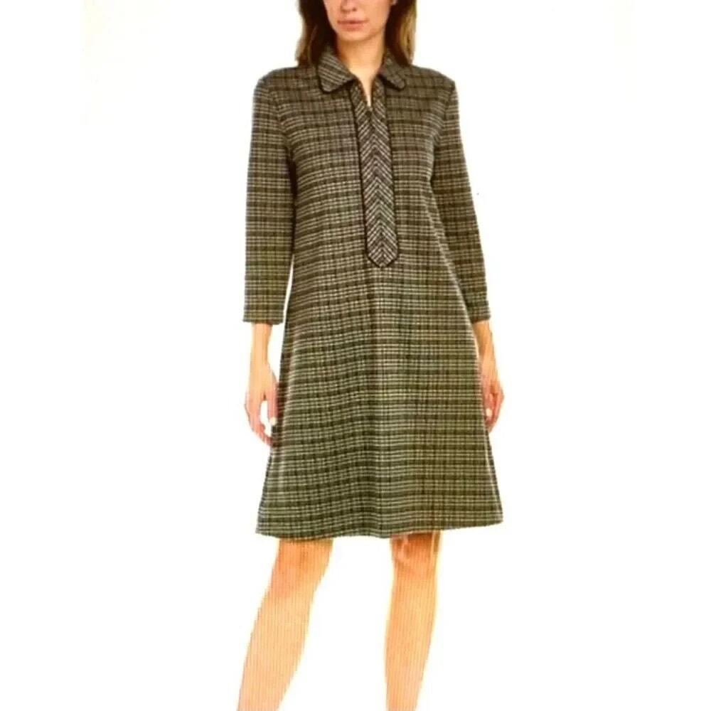 J.McLaughlin Makayla Shift Brown Plaid A-Line Dress Women's Medium 3/4 Sleeve